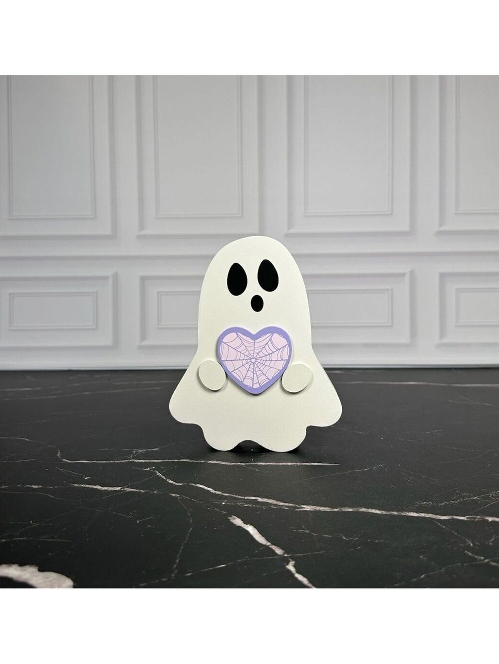 Cute Ghost Figurine Holding Purple Heart with Spiderweb Design - Halloween Decor